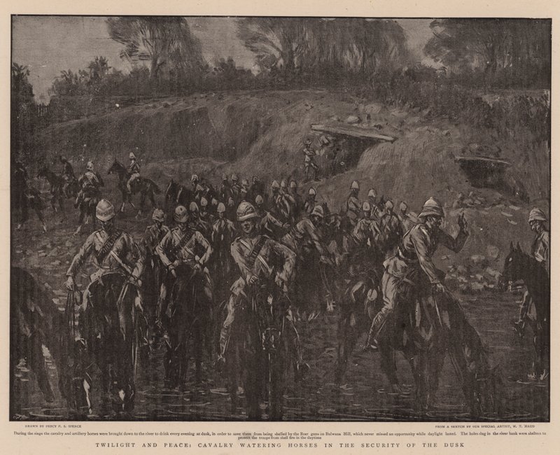 Dämmerung und Frieden, Kavallerie tränkt Pferde in der Sicherheit der Dämmerung von Percy F.S. Spence