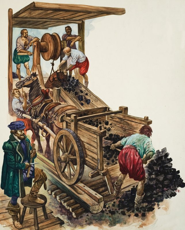 Ein Zähler notiert, wie viele Kohleladungen die Mine verlassen, während ein Bergmann einen Wagen füllt und andere mehr an die Oberfläche heben von Peter Jackson