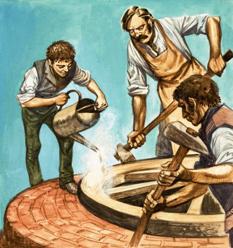 Es war einmal... Dorfleben vor hundert Jahren. Radmacher setzen den Eisenreifen auf ein Rad von Peter Jackson