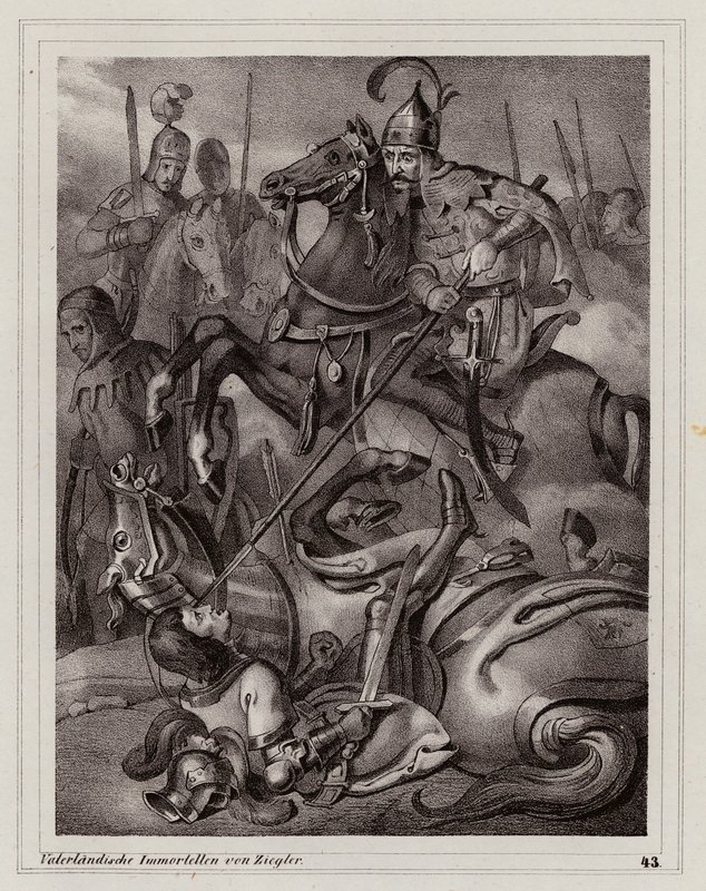 Tod von Friedrich II. von Österreich in der Schlacht an der Leitha von Peter Johann Nepomuk Geiger