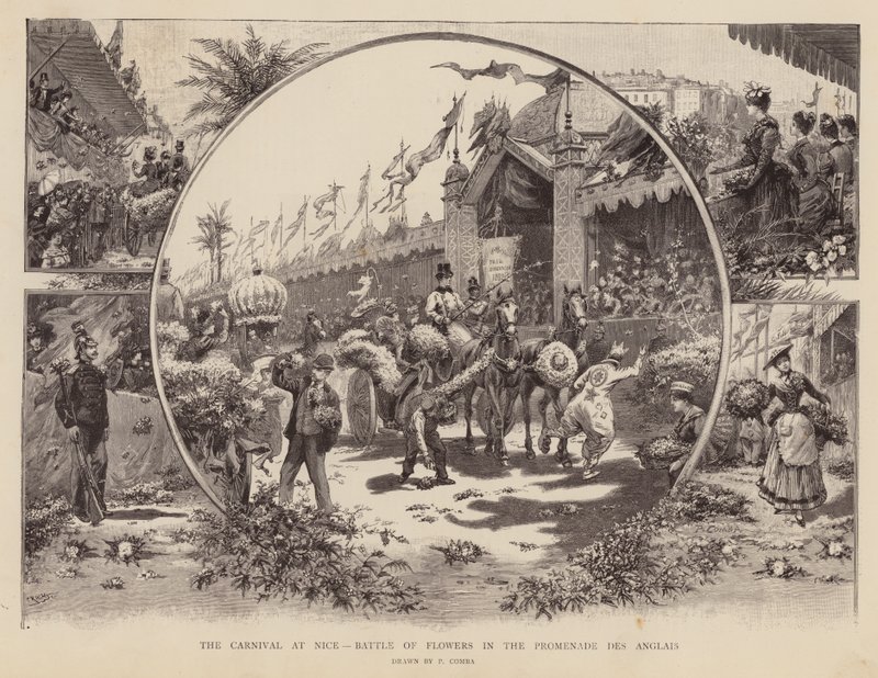 Karneval in Nizza, Blumenschlacht auf der Promenade des Anglais (Stich) von Pierra Comba