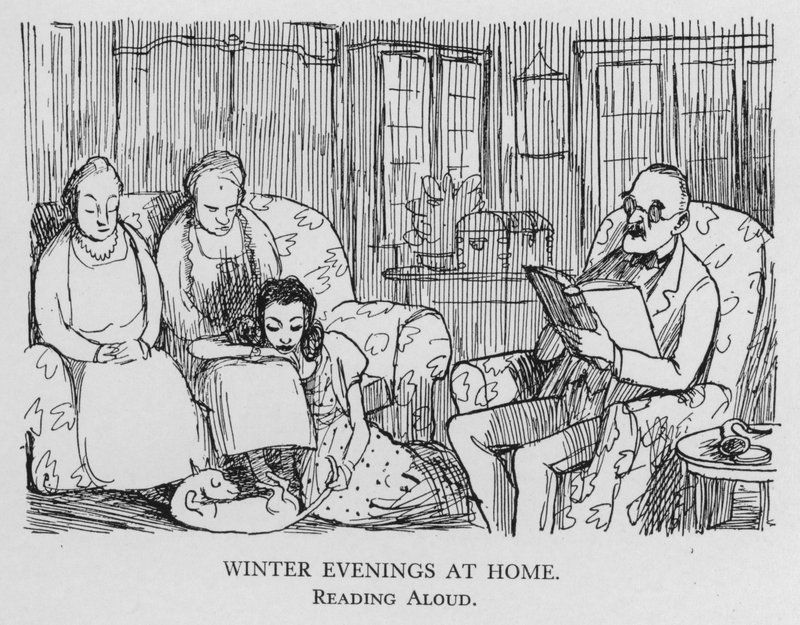 Winterabende zu Hause; Vorlesen (Lithographie) von Pont