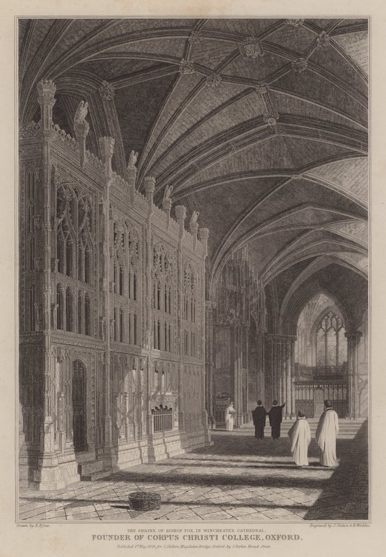 Das Heiligtum von Bischof Foxe, Gründer des Corpus Christi College, Oxford, in der Kathedrale von Winchester (Gravur) von R. (after) Essex