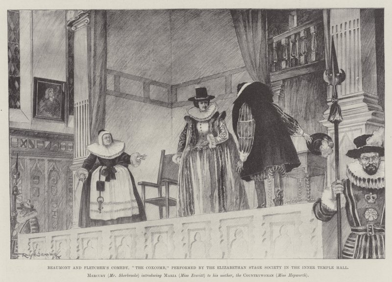 Beaumont und Fletchers Komödie, Der Geck, aufgeführt von der Elizabethan Stage Society in der Inner Temple Hall von Ralph Cleaver