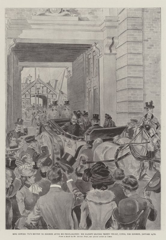 Rückkehr von König Edward VII. nach Osborne nach seiner Proklamation, Seine Majestät verlässt Trinity Wharf, Cowes, nach Osborne, 24. Januar von Ralph Cleaver