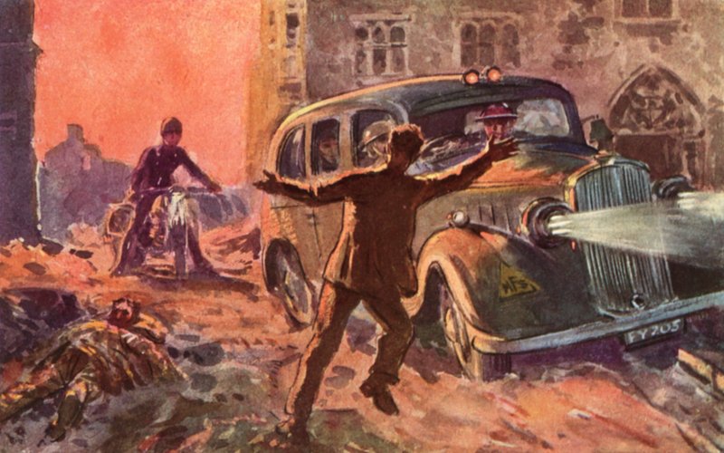 Feuerwehrmänner des britischen National Fire Service im Krieg werden auf das Vorhandensein eines schwer verwundeten Opfers eines Luftangriffs aufmerksam gemacht, Zweiter Weltkrieg von Reginald Mills