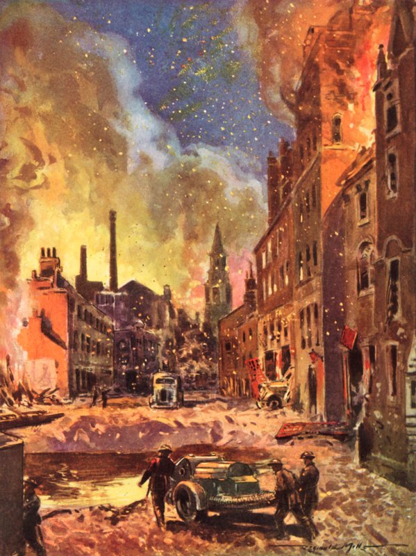 Feuerwehrmänner des britischen National Fire Service im Krieg inspizieren einen großen Bombenkrater während des Blitzes, Zweiter Weltkrieg von Reginald Mills