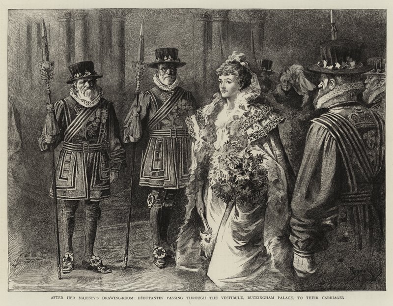 Nach dem Empfang Ihrer Majestät, Debütantinnen passieren das Vestibül, Buckingham Palace, zu ihren Kutschen von Reginald Thomas Cleaver