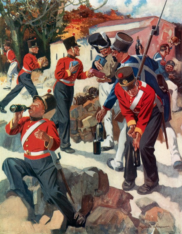 Entente Cordiale - Englische und französische Truppen teilen Geschenke während Wellingtons Feldzug auf der Halbinsel von Reginald Thomas Cleaver