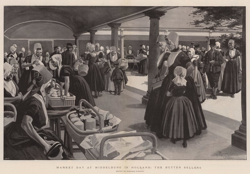 Markttag in Middelburg in Holland, die Butterverkäufer von Reginald Thomas Cleaver
