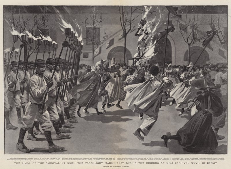Das Ende des Karnevals in Nizza, der Fackelumzug während der Verbrennung von König Karneval XXVII als Effigie von Reginald Thomas Cleaver