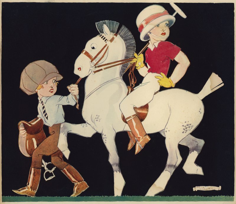Junge auf einem Polopony, geführt von einem Stallmädchen (Farblithografie) von Rene Vincent