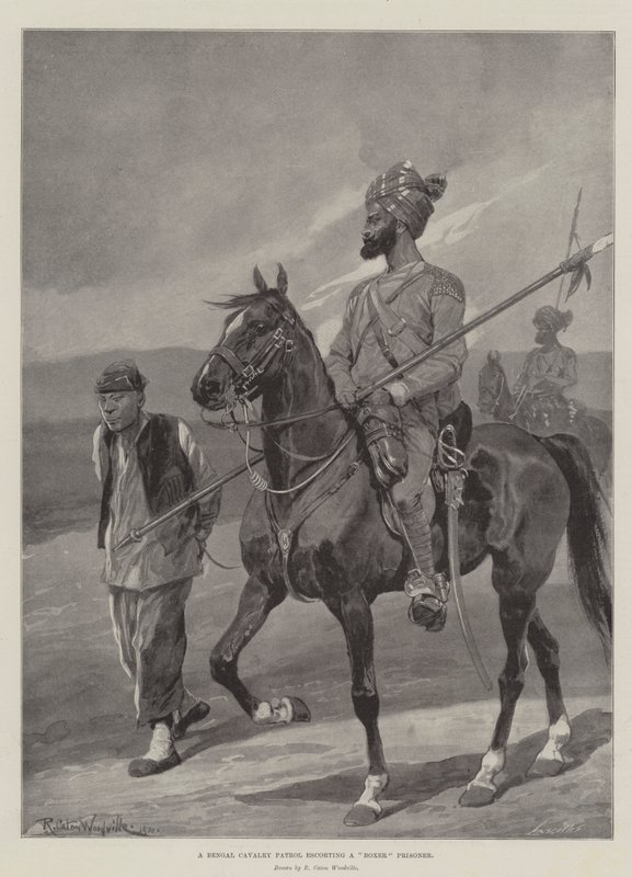Eine Patrouille der bengalischen Kavallerie eskortiert einen Boxer-Gefangenen von Richard Caton Woodville junior