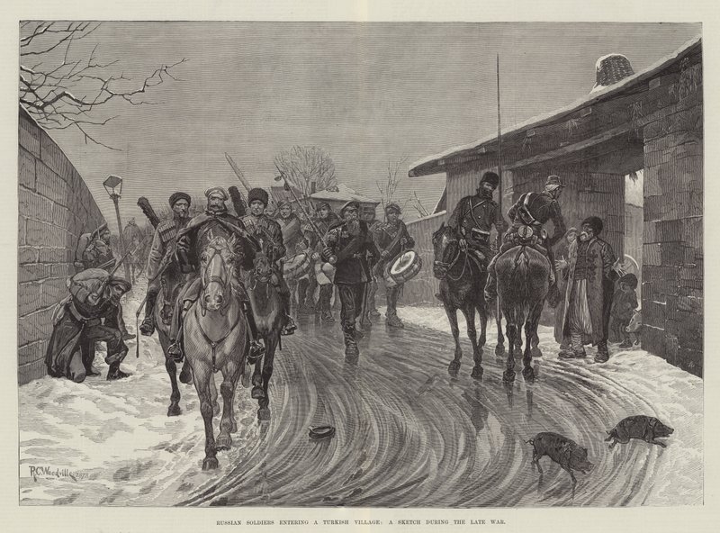 Russische Soldaten betreten ein türkisches Dorf, eine Skizze während des letzten Krieges von Richard Caton Woodville junior