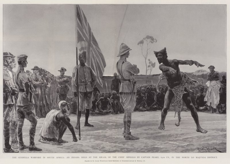 Der Guerillakrieg in Südafrika, eine Indaba im Kraal des Häuptlings Sipolilo durch Captain Peake, 65. Imperial Yeomanry, im Nord-Lo-Majunda-Distrikt von Richard Caton Woodville junior