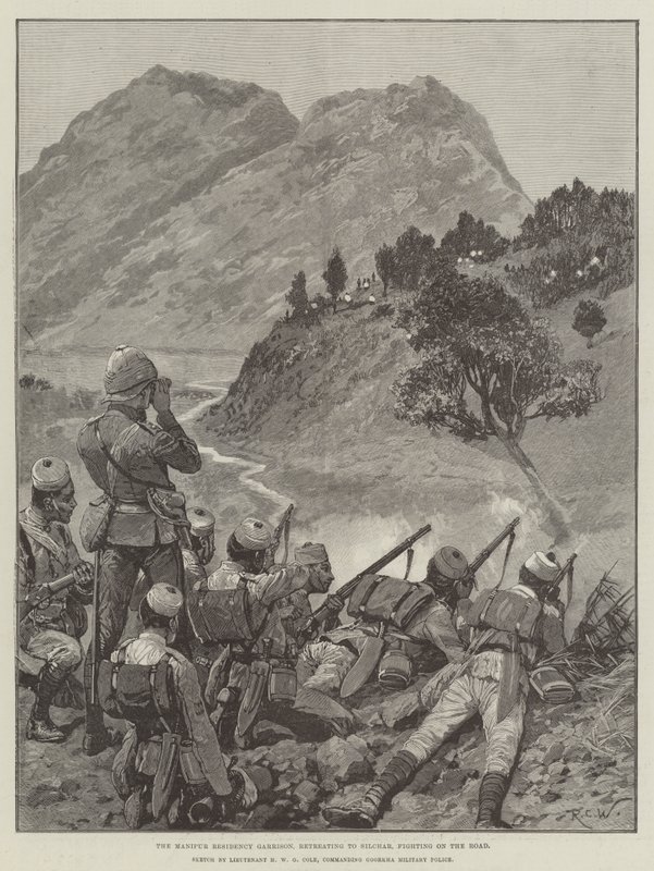 Die Garnison der Manipur-Residenz, auf dem Rückzug nach Silchar, kämpfend auf der Straße von Richard Caton Woodville junior