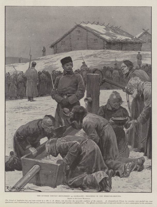 Die russische Sträflingssiedlung in Saghalien, Gefangene auf dem Übungsplatz von Richard Caton Woodville junior