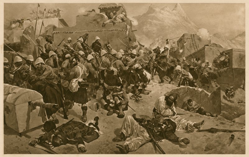92. Highlanders und 2. Gurkhas stürmen Gundi Mulla Sahibdad während der Schlacht von Kandahar, Afghanistan, Zweiter Anglo-Afghanischer Krieg von Richard Caton II (after) Woodville