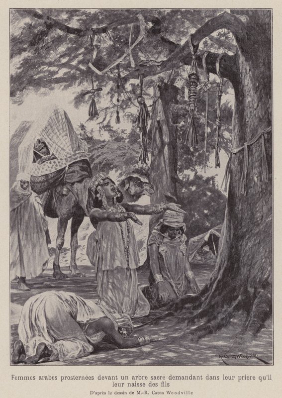 Arabische Frauen, die sich vor einem heiligen Baum niederwerfen und beten, dass ihnen Kinder gewährt werden (Lithografie) von Richard Caton II (after) Woodville