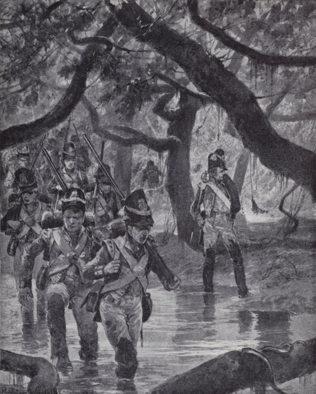 Britische Soldaten überqueren die Sümpfe des Essequibo-Flusses in Britisch-Guayana von Richard Caton II (after) Woodville
