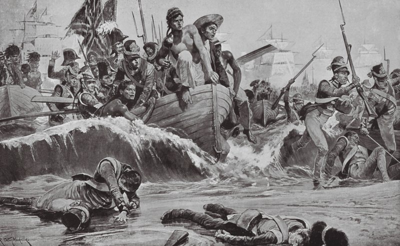Die britischen Truppen erzwingen eine Landung in der Aboukir-Bucht vor den französischen Batterien von Richard Caton II (after) Woodville