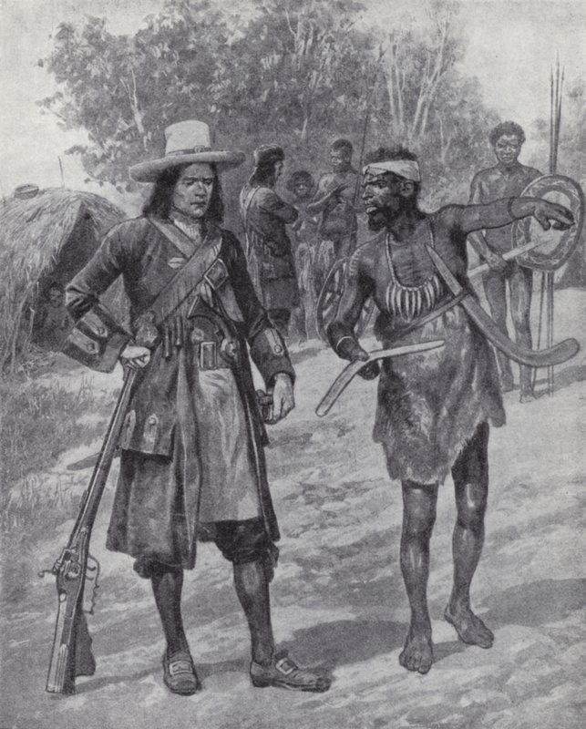 William Dampier mit einem indigenen Mann während seiner Erkundung Australiens, Ende des 17. Jahrhunderts von Richard Caton II (after) Woodville