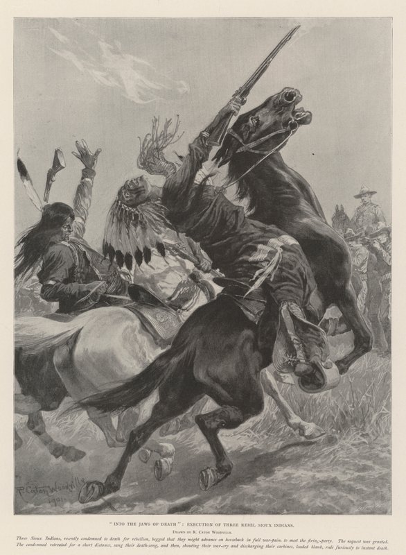 In den Rachen des Todes, Hinrichtung von drei rebellischen Sioux-Indianern von Richard Caton Woodville junior