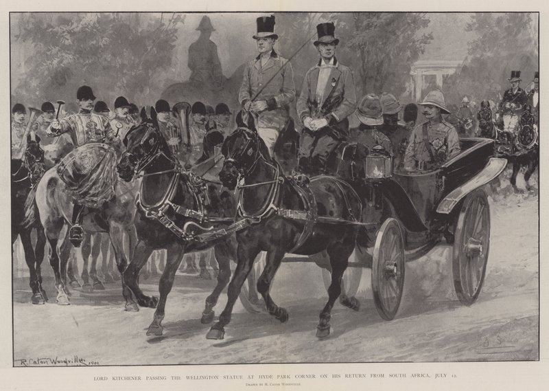 Lord Kitchener passiert die Wellington-Statue am Hyde Park Corner bei seiner Rückkehr aus Südafrika, 12. Juli von Richard Caton Woodville junior