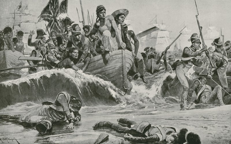 Die britischen Truppen erzwingen eine Landung in der Aboukir-Bucht vor den französischen Batterien von Richard Caton Woodville junior