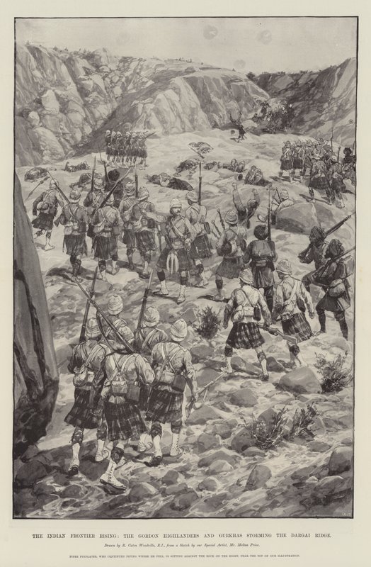 Der Aufstand an der indischen Grenze, die Gordon Highlanders und Gurkhas stürmen den Dargai-Rücken von Richard Caton Woodville junior