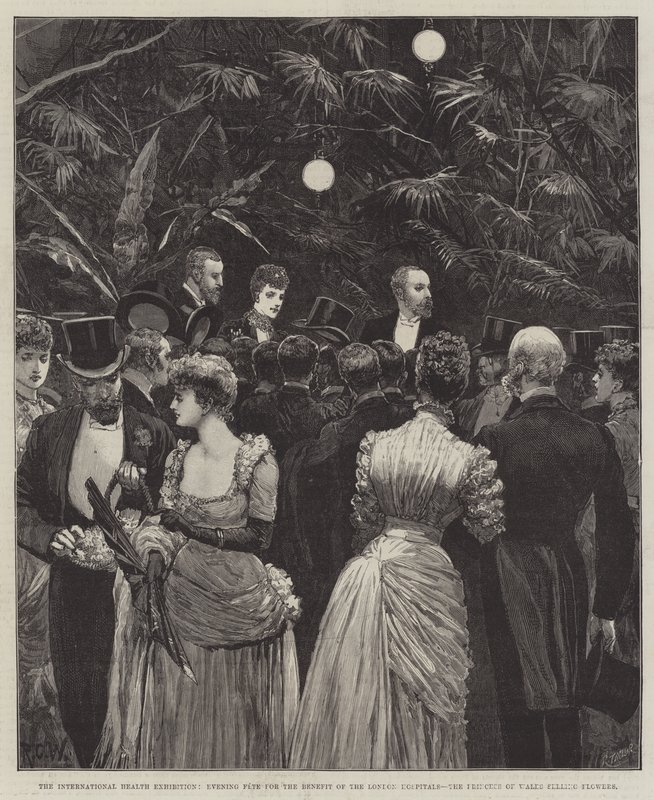Die Internationale Gesundheitsausstellung, Abendfest zugunsten der Londoner Krankenhäuser, die Prinzessin von Wales verkauft Blumen von Richard Caton Woodville junior