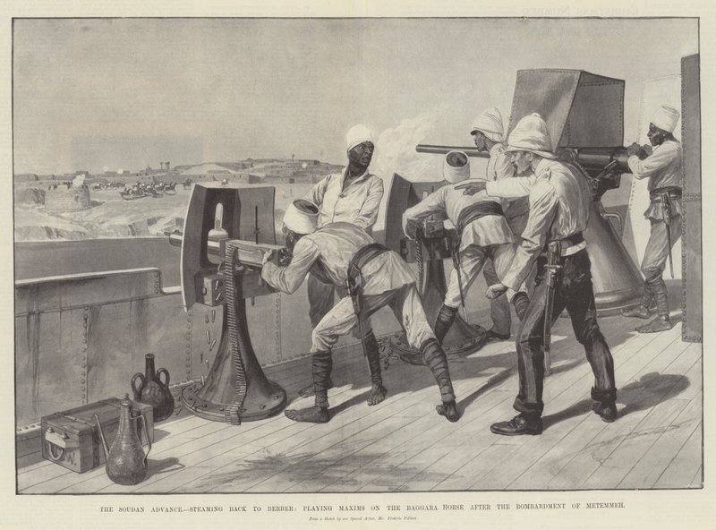 Der Vormarsch im Sudan, Rückfahrt nach Berber, Maxim-Maschinengewehre auf die Baggara-Pferde nach der Bombardierung von Metemmeh von Richard Caton Woodville junior