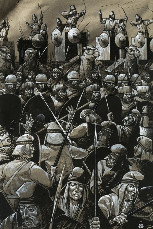 Unidentifizierte Schlacht mit Schwertkämpfern und Bogenschützen von Richard Hook