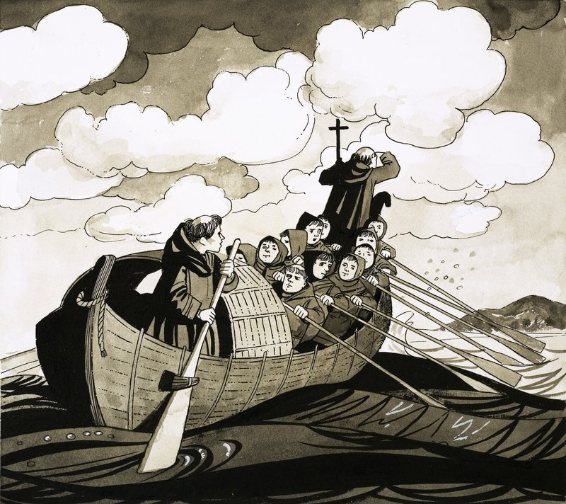 Unidentifizierte Gruppe von Mönchen rudert zu einer Insel von Richard Hook