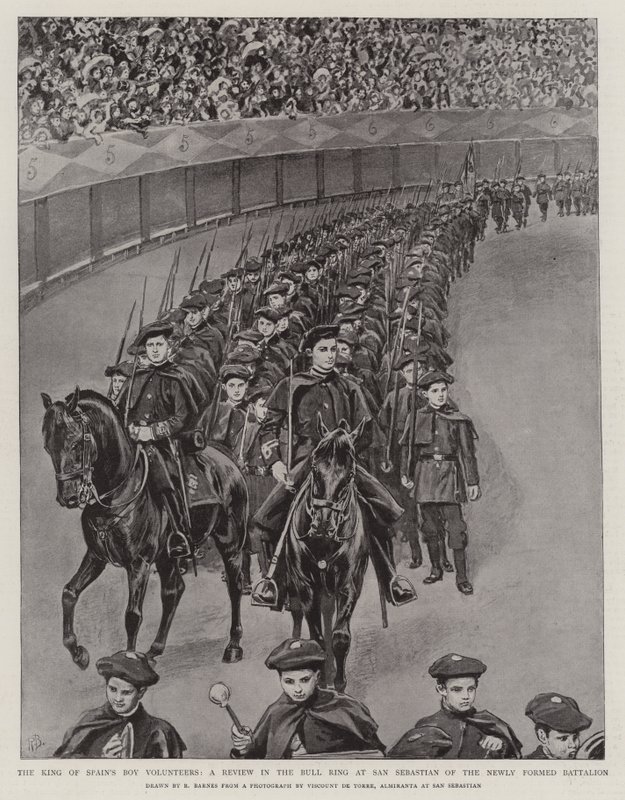 Die Jungen Freiwilligen des Königs von Spanien, eine Parade in der Stierkampfarena von San Sebastian des neu gegründeten Bataillons von Robert Barnes