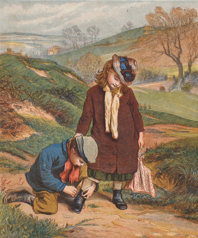 Ein Freund in der Not, ein Junge bindet einem Mädchen die Schuhe zu von Robert Barnes