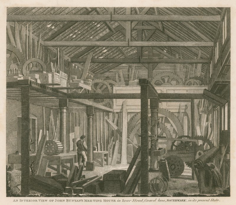 Innenansicht des Versammlungshauses von John Bunyan in der Zoar Street, Gravel Lane, Southwark, im heutigen Zustand von Robert Blemell Schnebbelie
