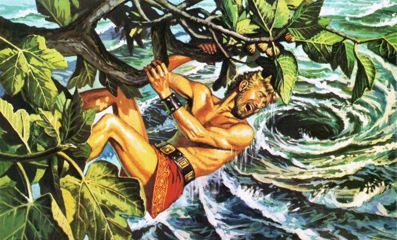 Odysseus hält sich an einem Feigenbaum fest, um dem Strudel zu entkommen von Roger Payne