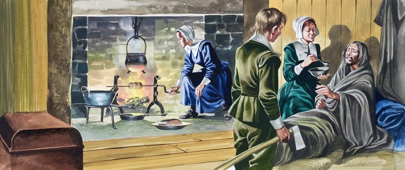 Die Pilgerväter in halbfertigen Häusern von Ron Embleton