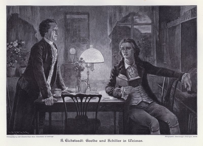 Deutsche Schriftsteller Friedrich Schiller und Johann Wolfgang von Goethe in Weimar (Gravur) von Rudolf Eichstaedt