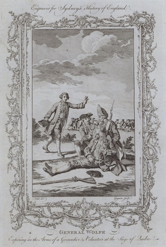 General Wolfe stirbt in den Armen eines Grenadiers und Freiwilligen bei der Belagerung von Quebec (Gravur) von Samuel (after) Wale