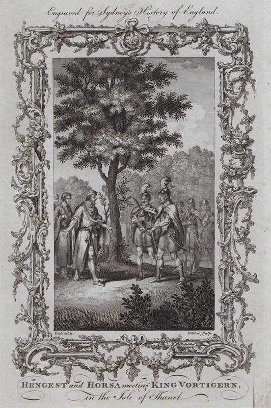 Hengest und Horsa treffen König Vortigern auf der Insel Thanet (Stich) von Samuel (after) Wale