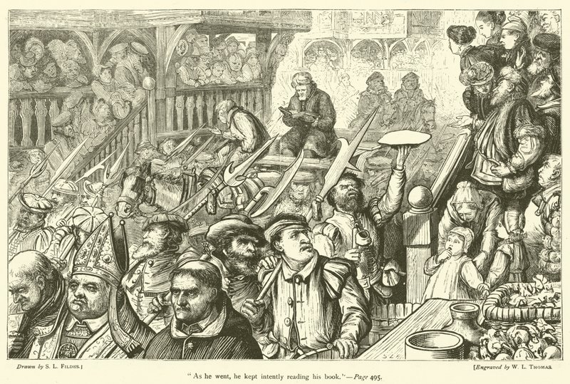 Während er ging, las er intensiv in seinem Buch von Samuel Luke Fildes