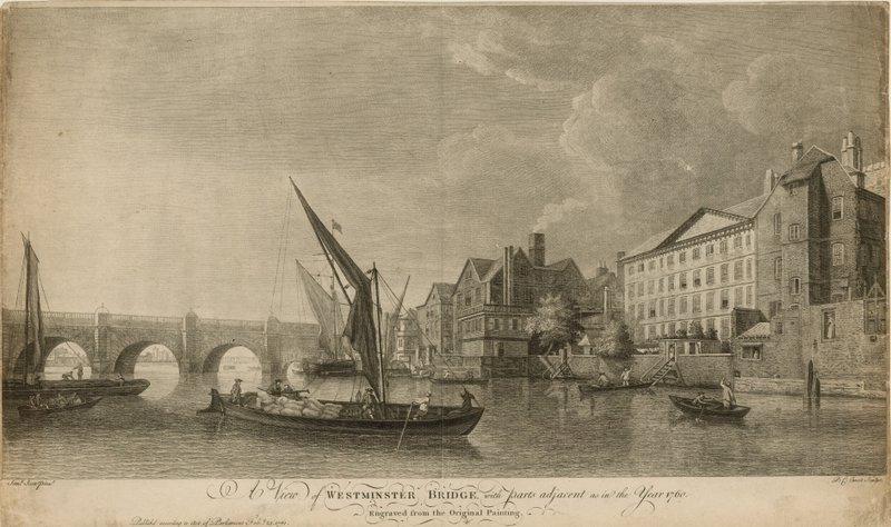 Eine Ansicht der Westminster Bridge mit angrenzenden Teilen wie im Jahr 1760 von Samuel Scott