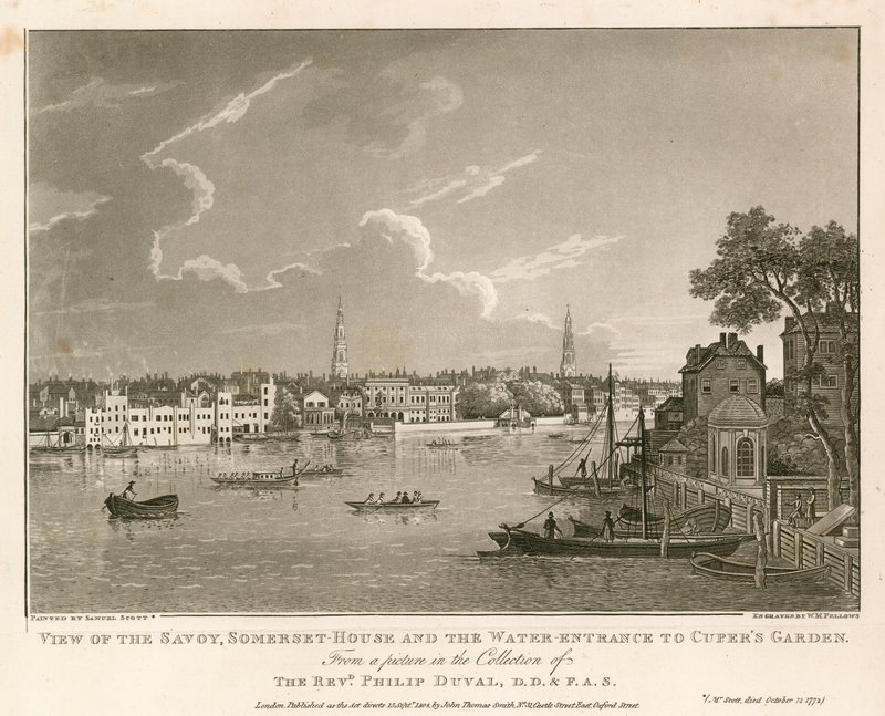 Ansicht des Savoy, Somerset House und des Wassereingangs zu Cuper