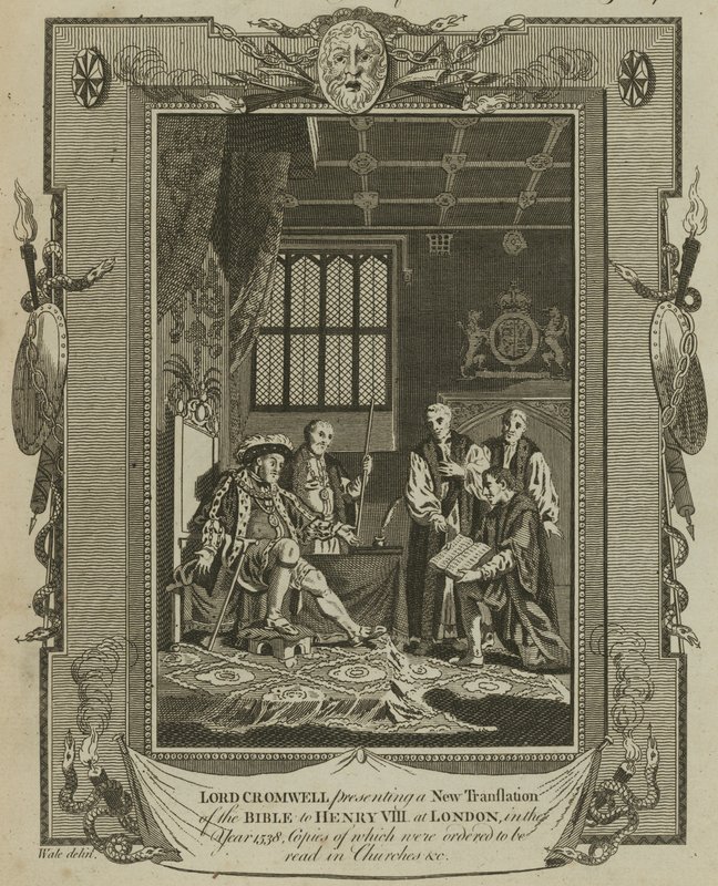 Lord Cromwell überreicht König Heinrich VIII. in London im Jahr 1538 eine neue Bibelübersetzung von Samuel Wale