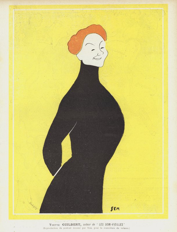 Yvette Guilbert, französische Kabarettsängerin und Schauspielerin. Illustration für Le Rire von Sem