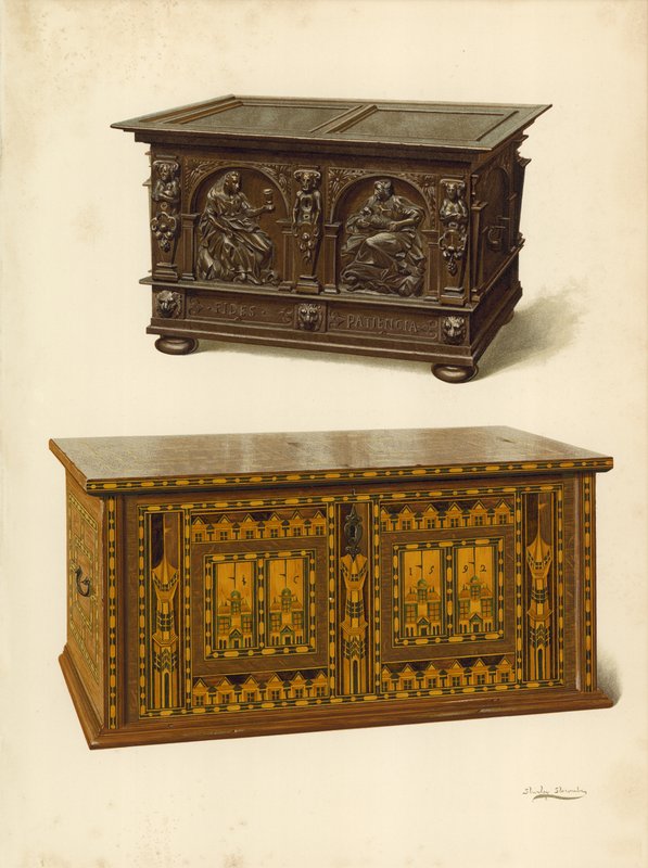 Eichenkiste, Eigentum von Seymour Lucas; Eichenintarsien-Nonesuch-Kiste (Chromolitho) von Shirley Charles Llewellyn Slocombe