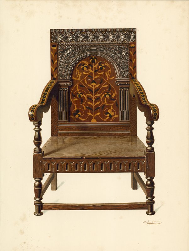 Eichenholzstuhl, Eigentum von Miss Dorothy Chune Fletcher von Shirley Charles Llewellyn Slocombe
