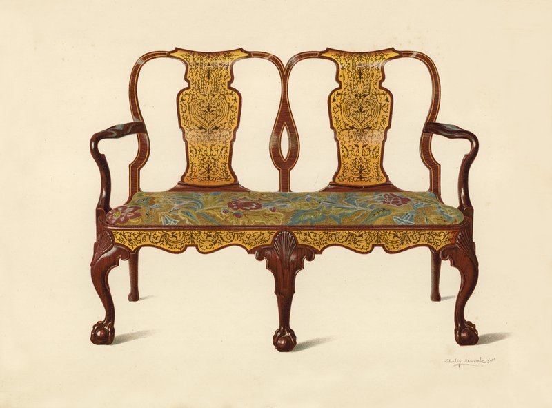 Walnuss-Sofa mit Marketerie eingelegt, Eigentum von Percy Macquoid von Shirley Charles Llewellyn Slocombe